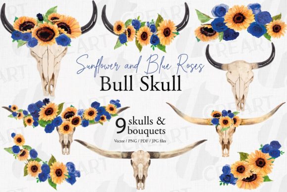 Sunflowers Blue Roses Floral Bull Skull: A Versatile Design Resource for Modern Creators